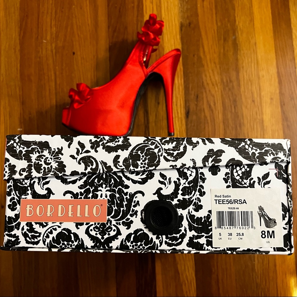Bordello Pleaser Red Satin Platform Peep Toe w/Sling Back & Ruffles on Both.